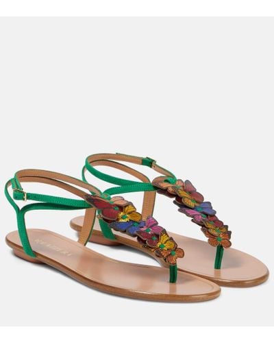 Aquazzura Papillon Suede Thong Sandals - Green