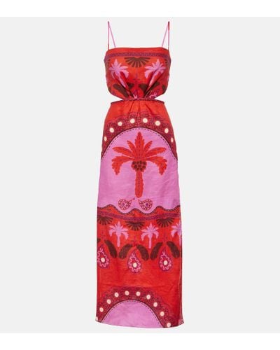 Johanna Ortiz Printed Cutout Linen Midi Dress - Red
