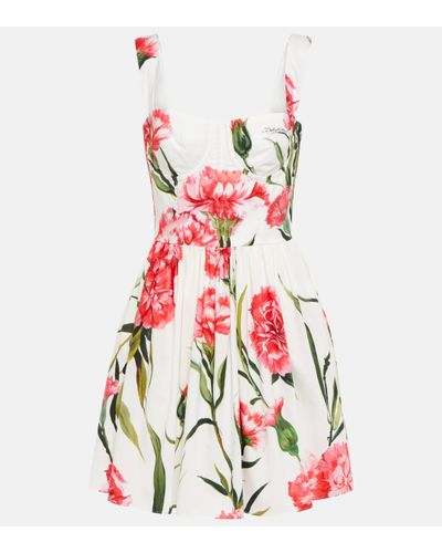 Dolce & Gabbana Pleated Floral-print Cotton-poplin Mini Dress - Red