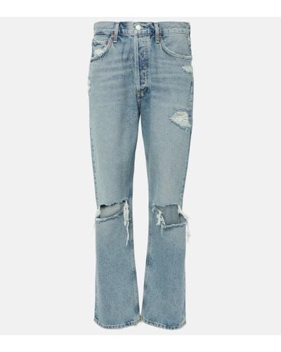 Agolde Distressed Mid-Rise Straight Jeans 90s - Blau
