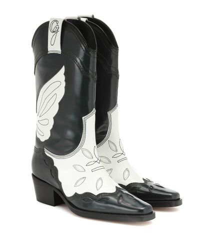 Ganni High Texas Zweifarbige Stiefel Aus Leder Mit Stickereien - Schwarz