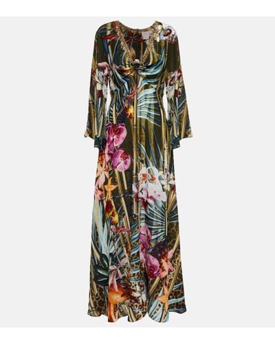 Camilla Vestido largo de seda floral con abertura - Multicolor