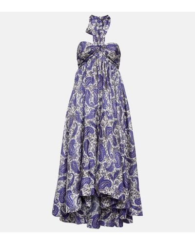 Zimmermann Devi Pleated Printed Silk Halterneck Midi Dress - Purple