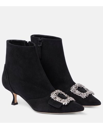 Manolo Blahnik Baylow Embellished Suede Ankle Boots - Black