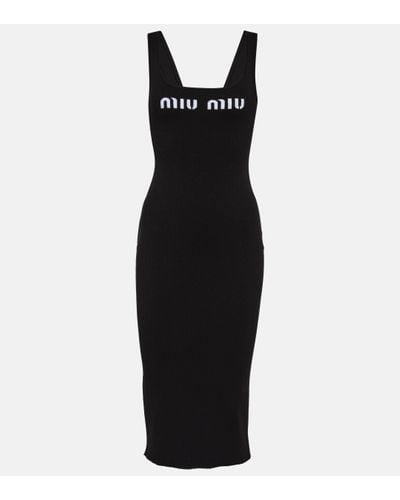 Miu Miu Logo Ribbed-knit Jersey Midi Dress - Black
