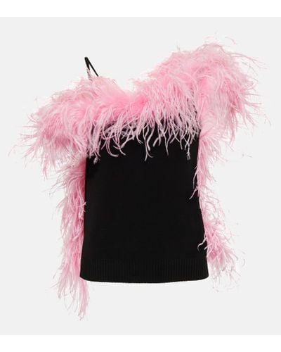 The Attico Feather-trimmed Knitted Top - Pink