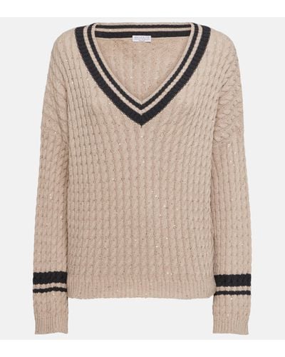 Brunello Cucinelli Sequined Cable-knit Cotton-blend Jumper - Natural