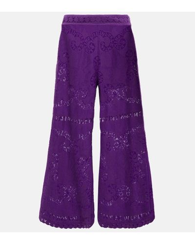 Valentino Embroidered Wide-leg Cotton-blend Pants - Purple