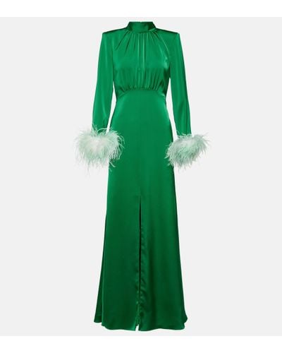 Self-Portrait Feather-trimmed Satin Gown - Green