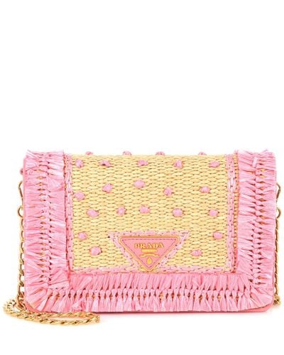 Prada Leather And Raffia Shoulder Bag - Pink