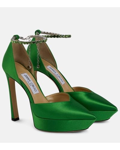 Jimmy Choo Saeda 125 Embellished Satin Platform Court Shoes - Green