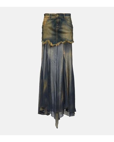 Blumarine Denim And Silk Chiffon Maxi Skirt - Multicolor