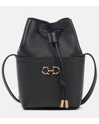 Ferragamo Gancino Mini Leather Bucket Bag - Black