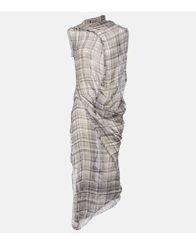 Acne Studios Dsaam Checked Draped Silk Midi Dress - Gray