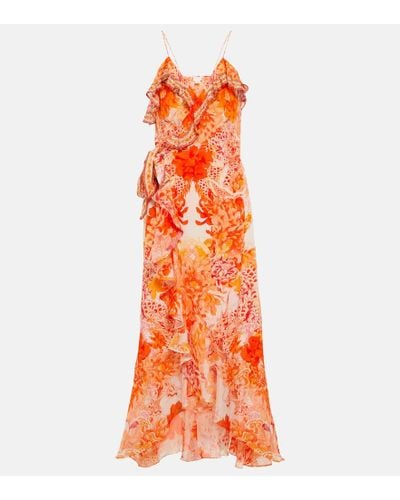 Camilla Vestido largo de seda floral - Naranja