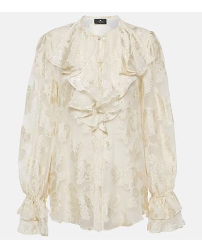 Etro Ruffled Floral Silk-crepon Blouse - Natural