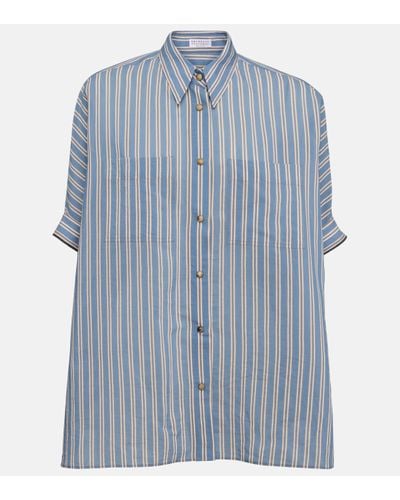 Brunello Cucinelli Oversized Striped Cotton And Silk Shirt - Blue