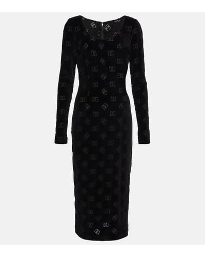 Dolce & Gabbana Vestido midi de terciopelo con logo - Negro