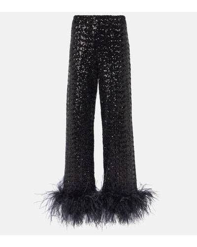 Oséree Feather-trimmed Embellished Wide-leg Pants - Black