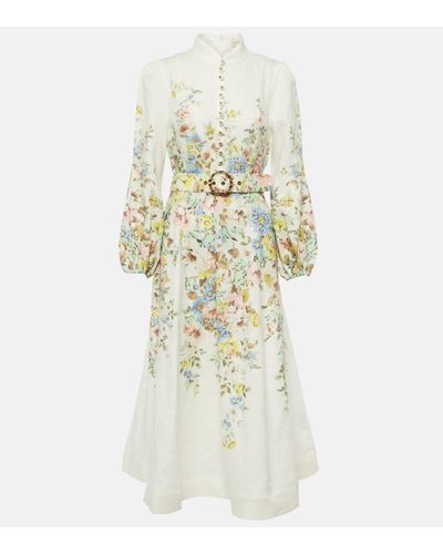 Zimmermann Floral-print Puffed-sleeve Linen Midi Dres - White