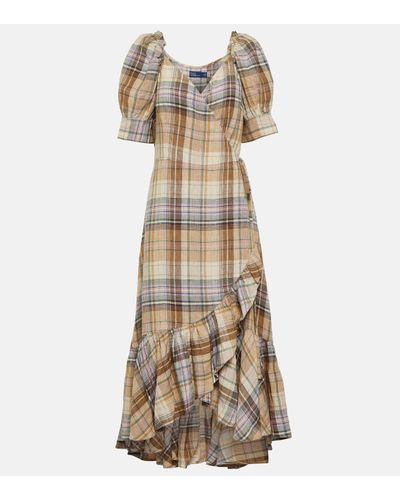 Polo Ralph Lauren Puff-sleeve Plaid-pattern Linen Midi Dress - Natural