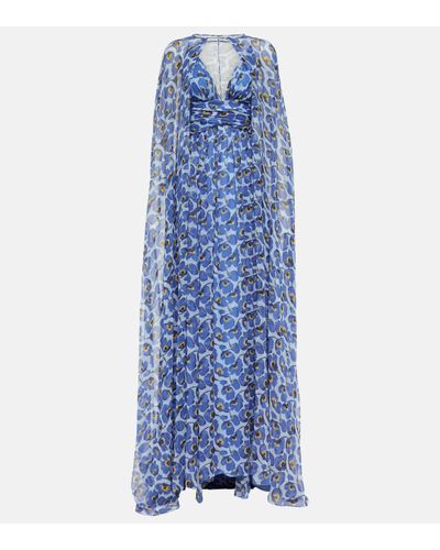 Carolina Herrera Cape-detail Floral Silk Georgette Gown - Blue