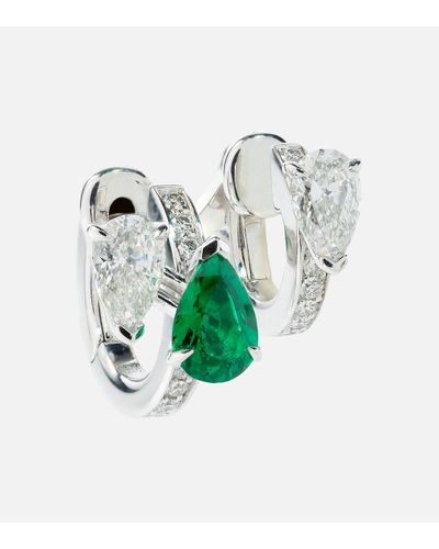 Repossi Serti Sur Vide 18kt White Gold Single Earring With Diamonds And Emerald - Green