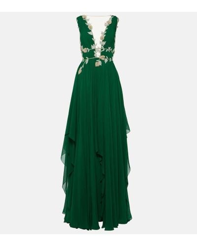Costarellos Embroidered V-neck Draped Silk Gown - Green