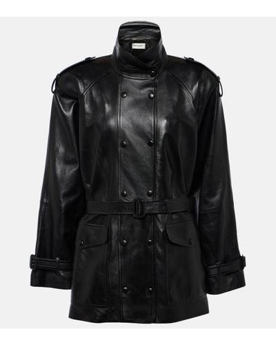 Saint Laurent High-neck Belted Leather Jacket - Black