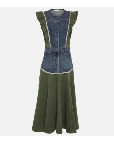 Chloé Vestido midi en denim con paneles - Verde