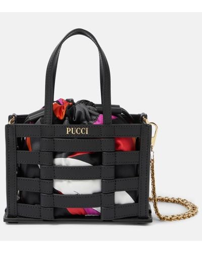Emilio Pucci Cage Mini Leather And Silk Tote Bag - Black