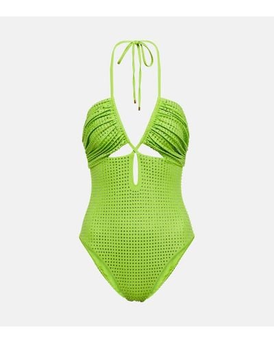 Self-Portrait Embellished Cut-out Swimsuit - Green