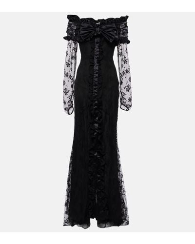 Alessandra Rich Bow-detail Ruffled Off-shoulder Lace Gown - Black
