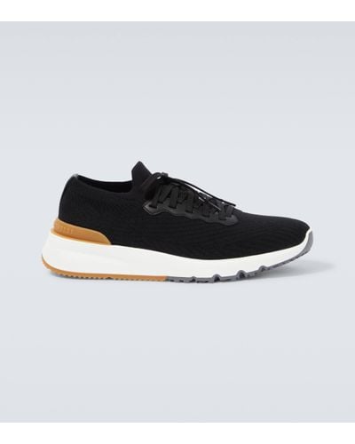 Brunello Cucinelli Leather-trimmed Knit Trainers - Black