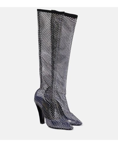 Saint Laurent Suede-trimmed Crystal-embellished Fishnet Knee Boots - Grey