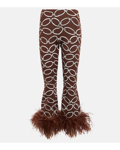 Valentino Feather-trimmed Printed Pants - Brown