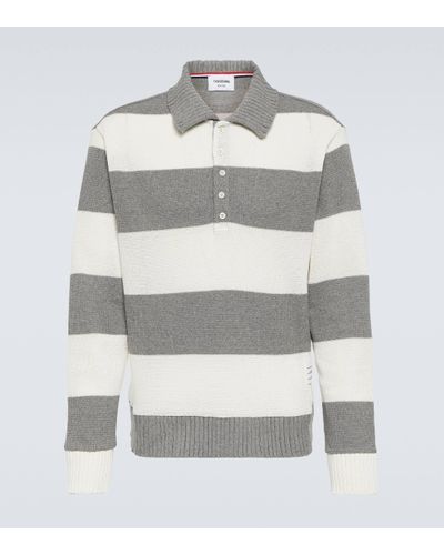 Thom Browne Striped Cotton Pique Polo Jumper - Grey