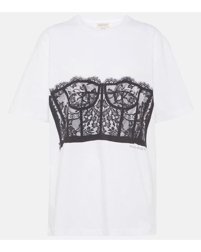 Alexander McQueen Camiseta de algodon con encaje - Blanco