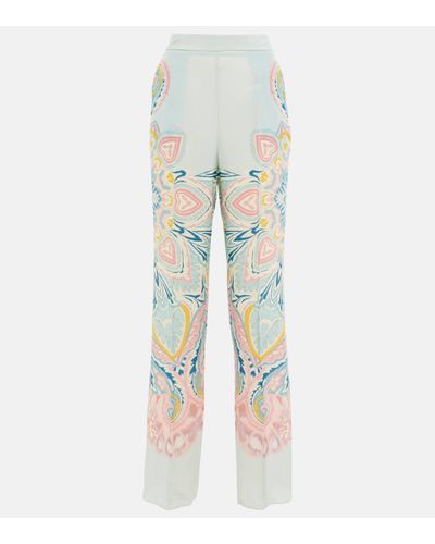 Etro Pantalon a taille haute en soie a motif cachemire - Bleu