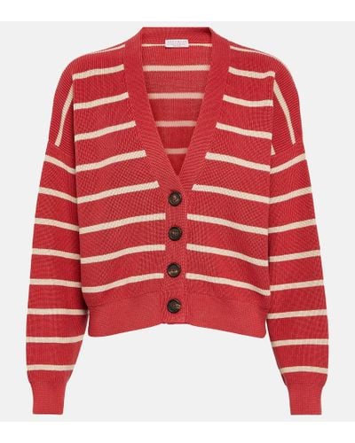 Brunello Cucinelli Ribbed-knit Striped Cotton Cardigan - Red
