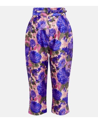 Zimmermann Belted Copped Floral-print Silk-satin Tapered Pants - Blue