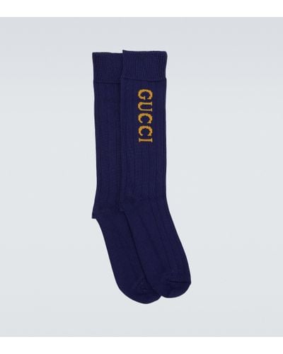 Gucci Logo-jacquard Ribbed Stretch Cotton-blend Socks - Blue