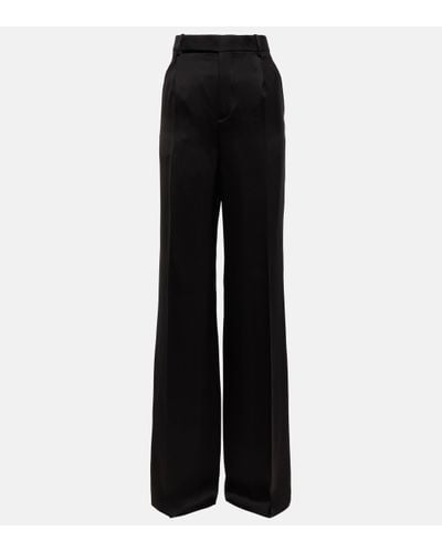 Saint Laurent Pantalon ample en soie a taille haute - Noir