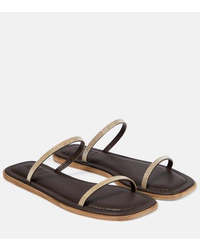 Brunello Cucinelli Embellished Leather Sandals - Brown