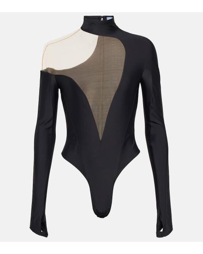 Mugler Illusion Tulle-panelled Jersey Bodysuit - Black