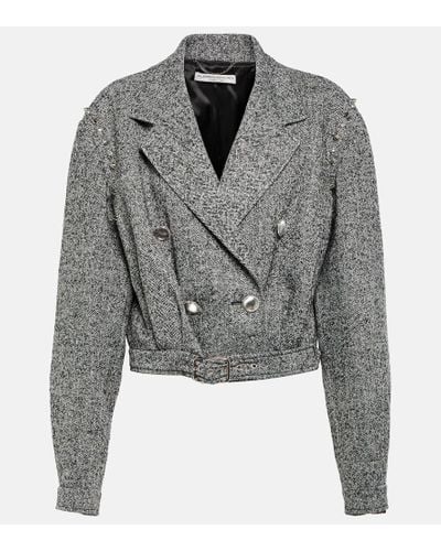 Alessandra Rich Herringbone Cropped Wool-blend Jacket - Gray