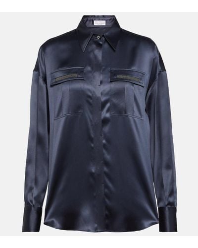 Brunello Cucinelli Camicia in raso di seta - Blu