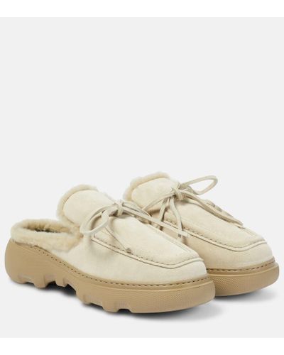 Burberry Ekd Shearling-lined Suede Mules - White