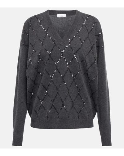Brunello Cucinelli Dazzling Argyle Wool-blend Sweater - Gray