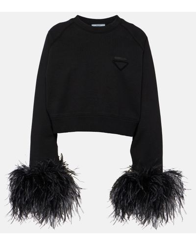 Prada Feather-trimmed Cotton Sweatshirt - Black